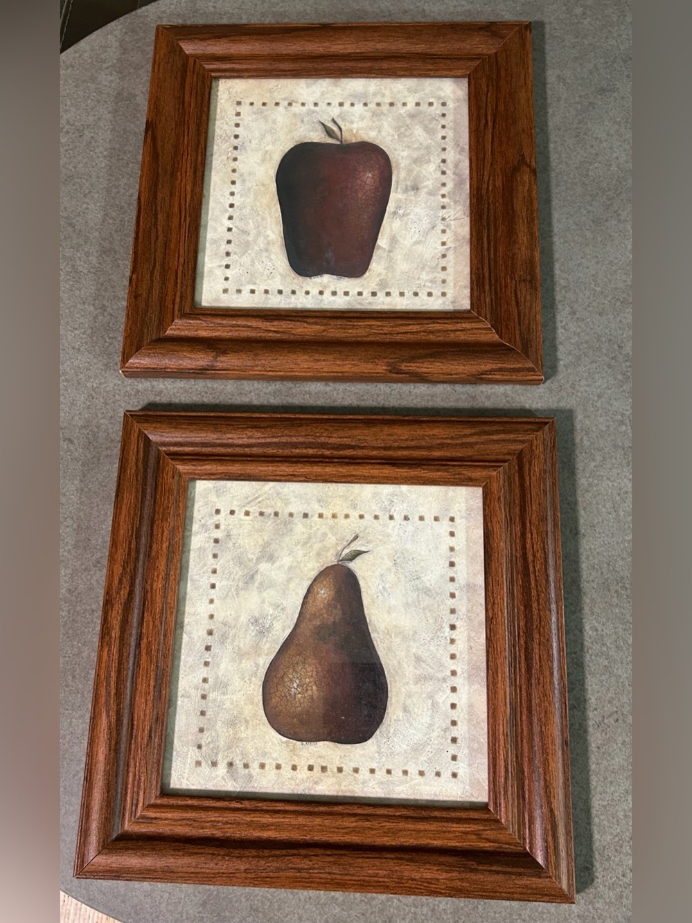 Set of 2 Wood Framed 8” Square Prints-Dk Red Apple & Brown Pear